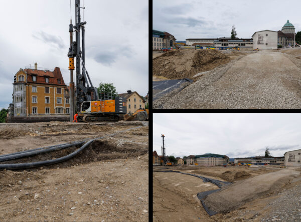 Links: Baumaschine und Bohrmaschine in Aktion aus Distanz. Rechts oben: Rueckansicht der Turnhallen mit Schuttboden. Rechts unten: Panoramabild Baustelle mit Schuttboden