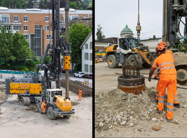 Links: Bohrmaschine mit Bauarbeitern. Rechts: Zwei Bauarbeiter mit grossem Bohrbolzen.