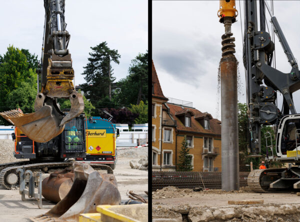 Links: Baggerfahrer mit Grossaufnahme Baggerschaufel. Rechts: Nahaufnahme Bohrmaschine in Aktion.