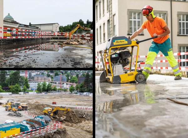 Links oben: Baustelle mit Leitplanken die sich in Wasserlache spiegeln. Links unten: Vogelperspektive Baugrube mit Bagger. Rechts: Bauarbeiter bearbeitet Boden mit Baumaschine.