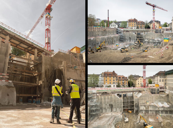 Links: Untersicht Baugrube FORUM UZH mit Kran und Filmteam vor Bohrpfahlwand. Rechts Oben: Totale der Baugrube FORUM UZH mit Kränen und laufenden Bauarbeiten im städtischen Umfeld. Rechts Unten: Totale der Baugrube FORUM UZH mit Unterfangung und angrenzender Bebauung