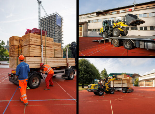 Sportplatz Waesserwies Arbeiter entladen Holzelemente und LKW mit Bagger