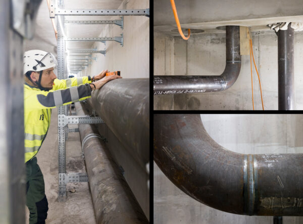 Links: Bauarbeiter im Fernwärmekanal bei der Vermessung eines Fernwärmerohrs. Rechts oben: Detailaufnahme senkrecht geführter Fernwärmerohre durch die Betondecke im Fernwärmekanal. Rechts unten: Detailaufnahme eines geschweissten Rohrbogens eines Fernwärmerohrs im Fernwärmekanal.