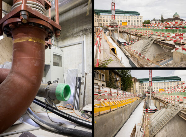 Links: Detailaufnahme von grossen Rohrleitungen und Verbindungsstellen  im Fernwärmekanal.. Rechts oben: Übersichtsaufnahme des Fernwärmekanals in der Baugrube mit Baugerüst, Treppen und angrenzenden Gebäuden. Rechts unten: Übersichtsaufnahme des Fernwärmekanals in der Baugrube mit Treppen, Absperrungen und angrenzenden Gebäuden.