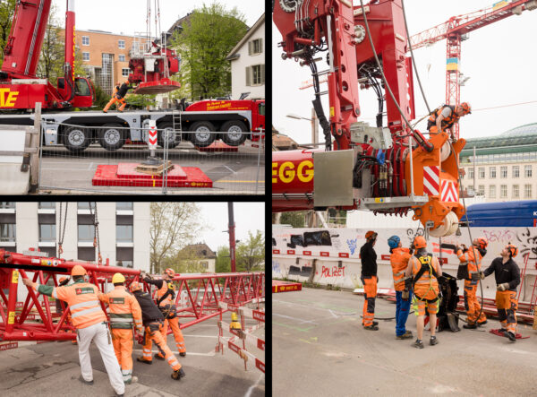 Links oben: Pneukran montiert ein Segment eines Turmdrehkrans neben dem Careum Hochhaus. Links unten: Mehrere Bauarbeiter montieren eine Portalkonstruktion aus Stahlträgern unter Einsatz eines Pneukrans. Rechts: Detailansicht von Ausleger, Gegenausleger und Seilrollen eines Turmdrehkrans vor hellem Himmel.