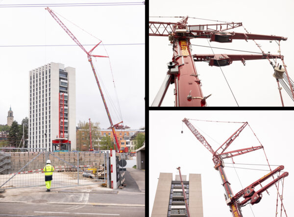 Links: Pneukran hebt den Ausleger eines Turmdrehkrans über der FORUM UZH-Baustelle. Rechts oben: Detailansicht von Ausleger, Gegenausleger und Seilrollen eines Turmdrehkrans vor hellem Himmel. Rechts unten: Pneukran richtet den Ausleger eines Turmdrehkrans während des Aufbaus neben dem Careum Hochhaus aus.