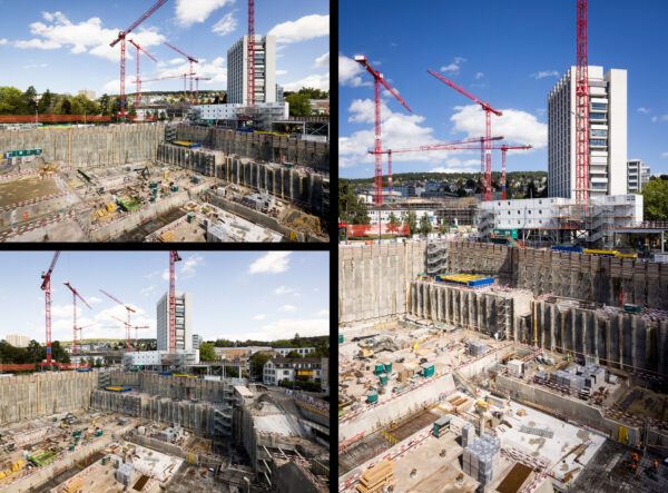 Oben links: FORUM UZH-Baustelle mit Baugrube und Fundamentarbeiten. Unten links: Totale der FORUM UZH-Baustelle mit Careum-Hochhaus und Kränen. Rechts: FORUM UZH-Baustelle mit Kränen vor dem Careum-Hochhaus